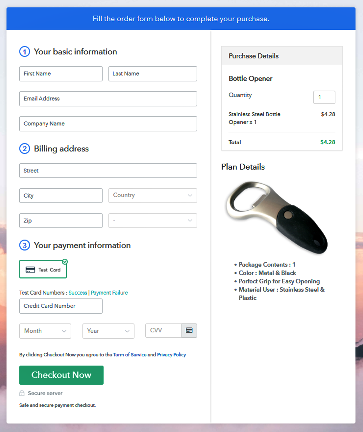 Checkout Page Preview to Sell Bottle Openers Online