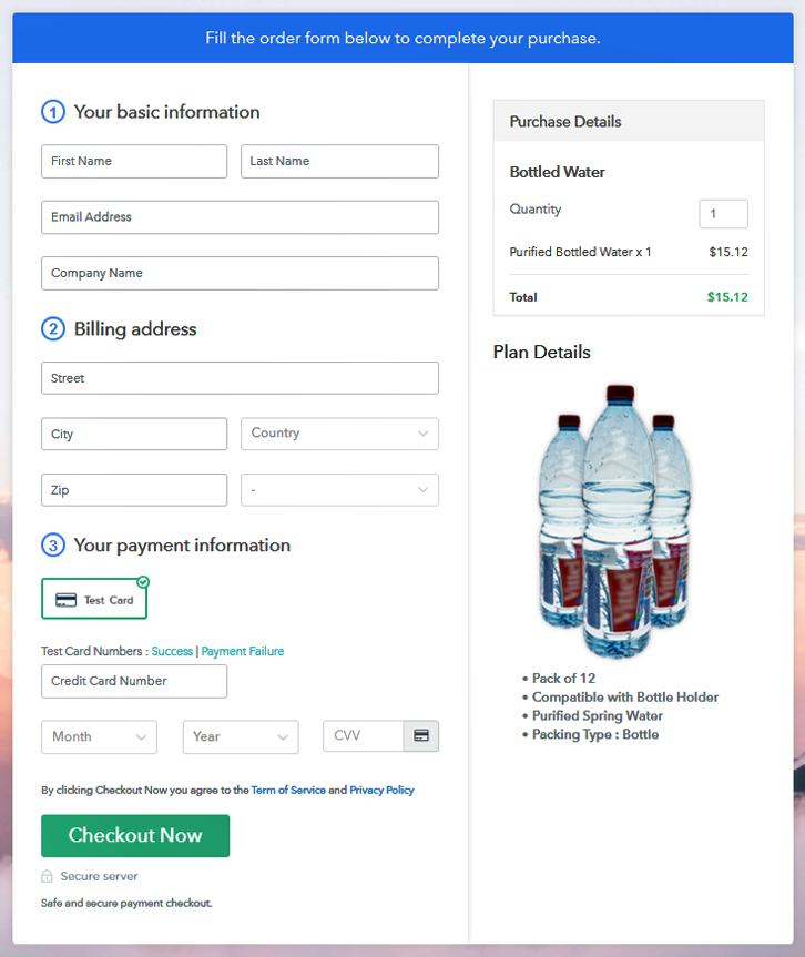 Checkout Page Preview to Sell Bottled Water Online