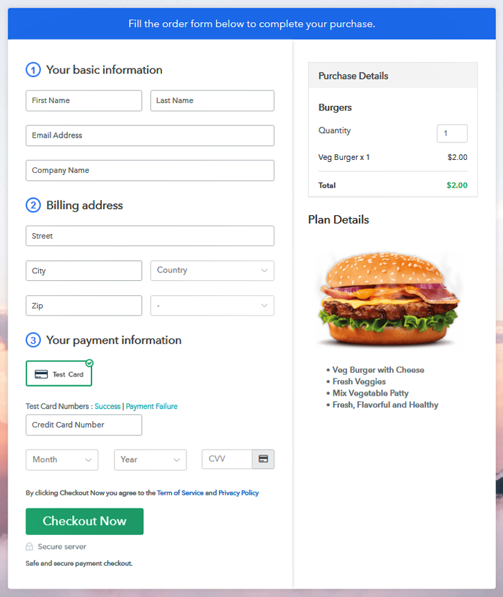 Checkout Page Preview to Sell Burgers Online