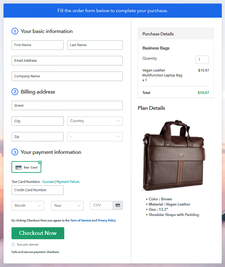 Checkout Page Preview to Sell Business Bags Online