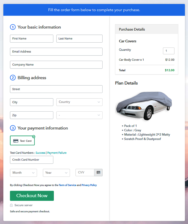 Checkout Page Preview to Sell Car Covers Online