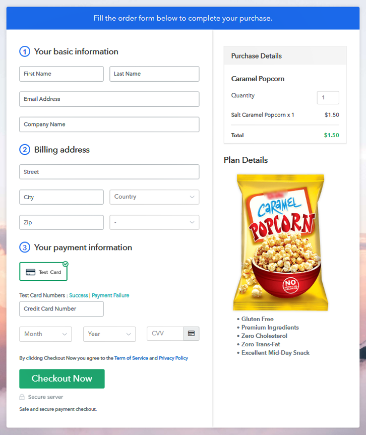 Checkout Page Preview to Sell Caramel Popcorn Online