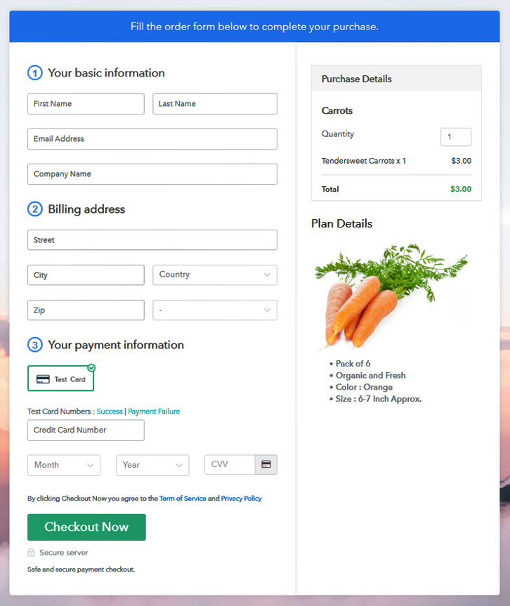 Checkout Page Preview to Sell Carrots Online