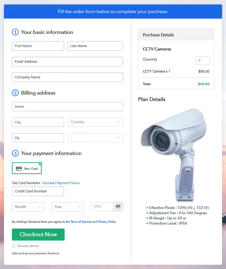 Checkout Page Preview to Sell CCTV Cameras Online