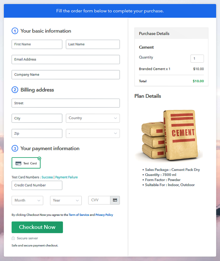 Checkout Page Preview to Sell Cement Online