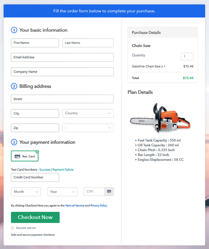 Checkout Page Preview to Sell Chain Saws Online