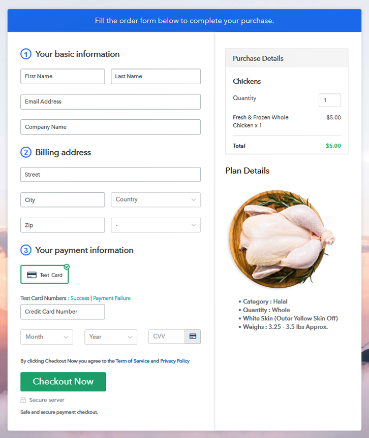 Checkout Page Preview to Sell Chicken Online