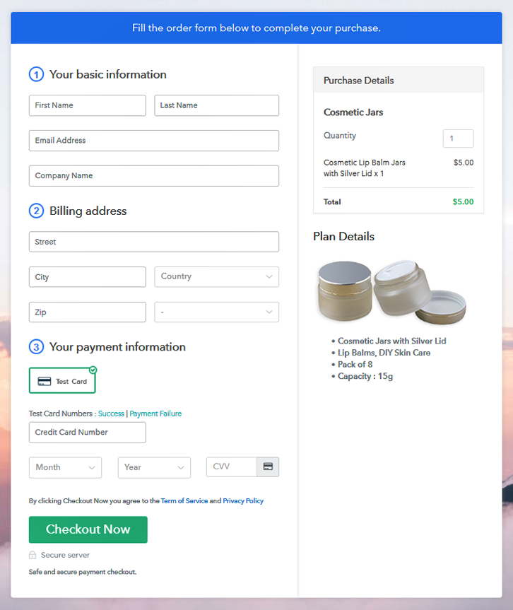 Checkout Page Preview to Sell Cosmetic Jars Online