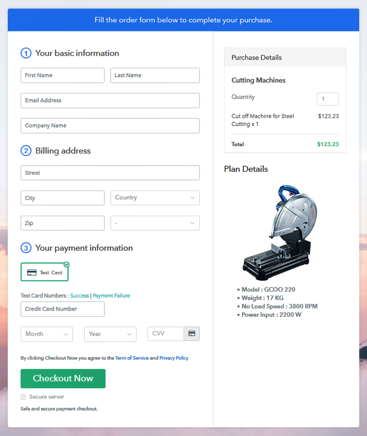 Checkout Page Preview to Sell Cutting Machines Online