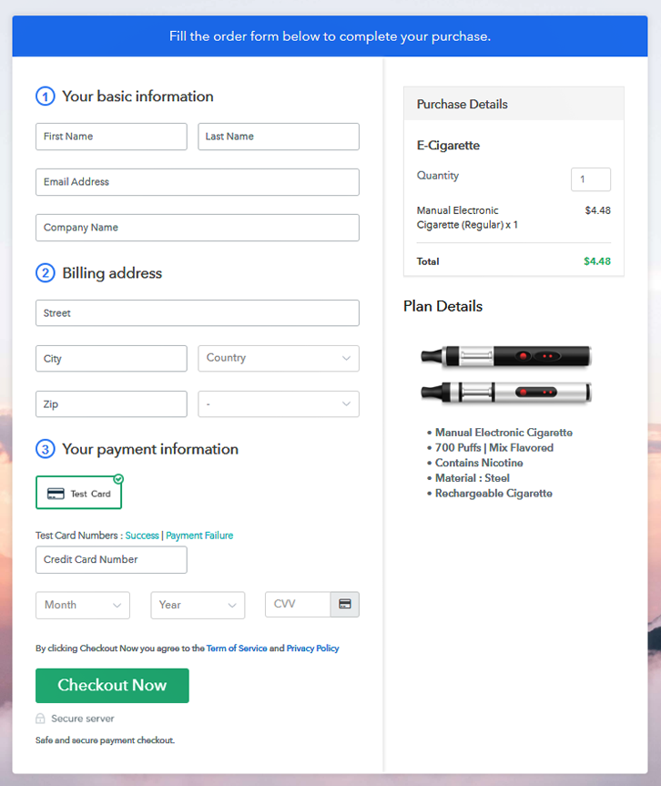 Checkout Page Preview to Sell E-Cigarette Online