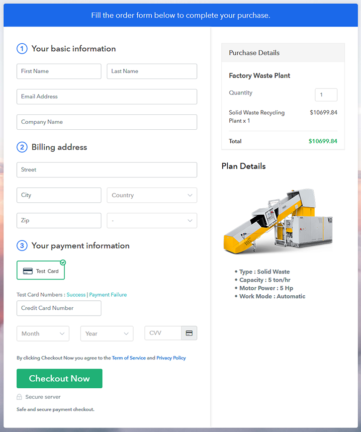 Checkout Page Preview to Sell Factory Waste Plant Online