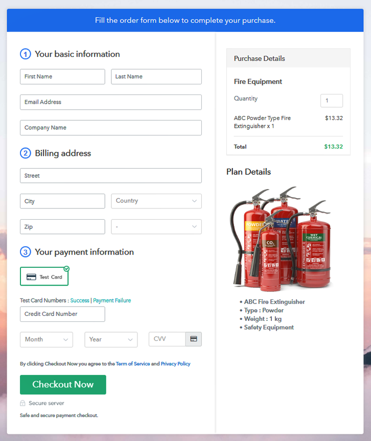 Checkout Page Preview to Sell Fire Equipment Online