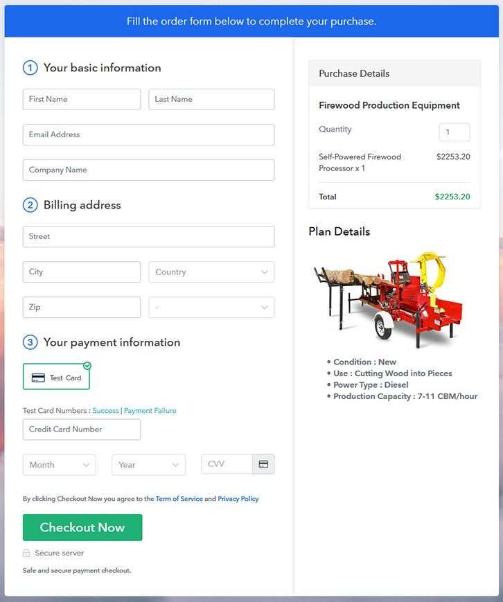 Checkout Page Preview to Sell Firewood Production Equipment Online