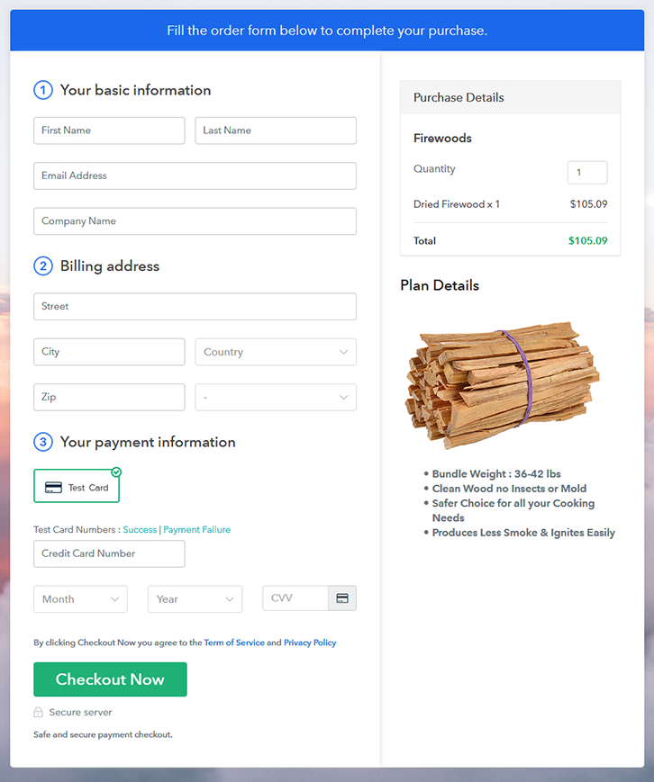 Checkout Page Preview to Sell Firewoods Online