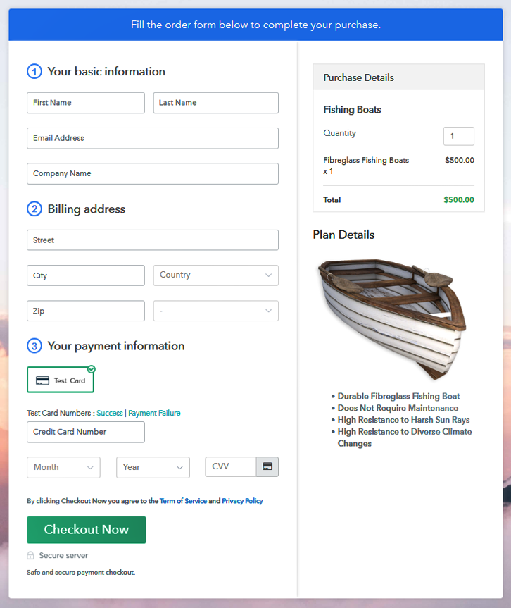 Checkout Page Preview to Sell Fishing Boats Online
