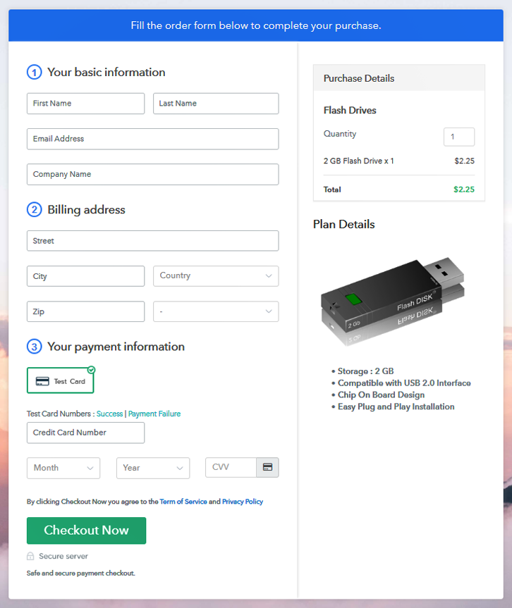 Checkout Page Preview to Sell Flash Drives Online