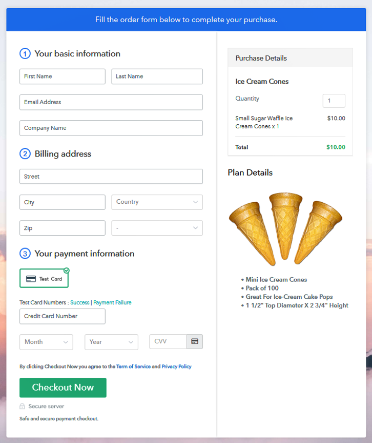 Checkout Page Preview to Sell Ice Cream Cones Online