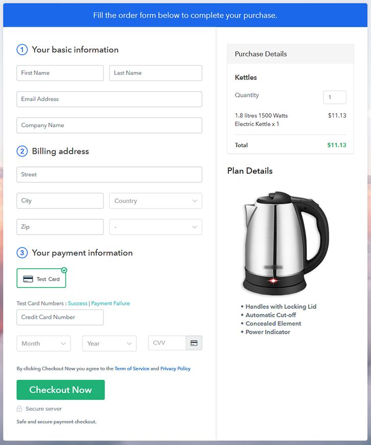 Checkout Page Preview to Sell Kettles Online