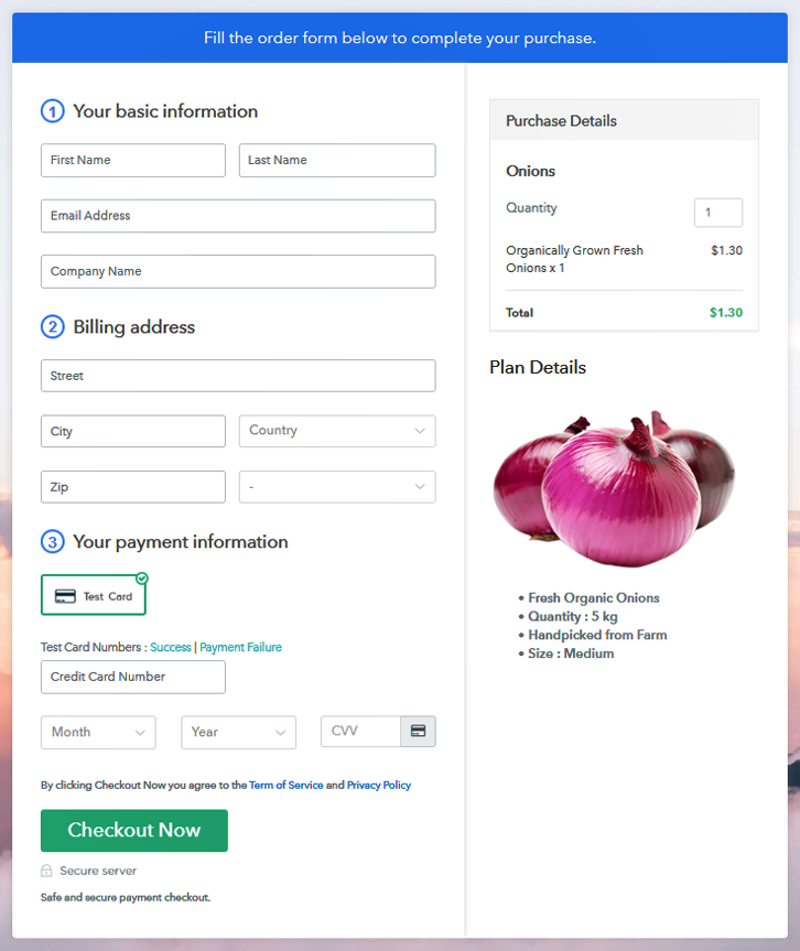 Checkout Page Preview to Sell Onions Online