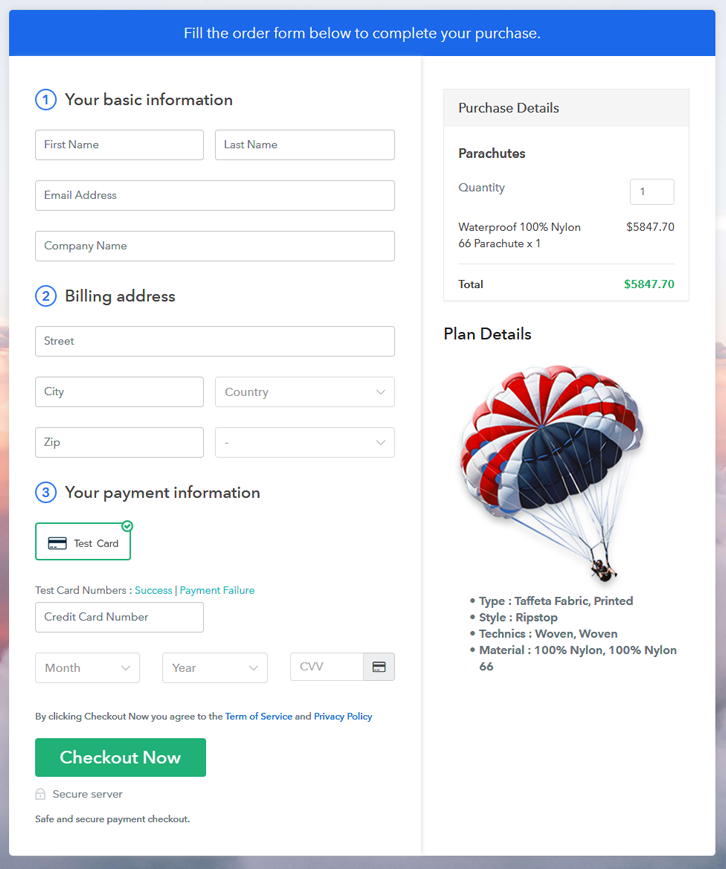 Checkout Page Preview to Sell Parachutes Online