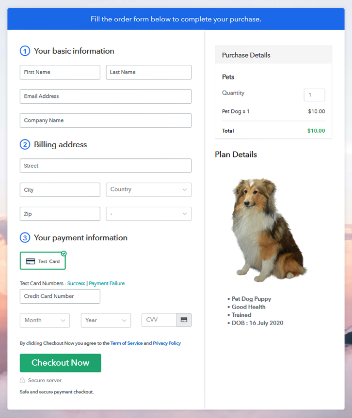 Checkout Page Preview to Sell Pets Online