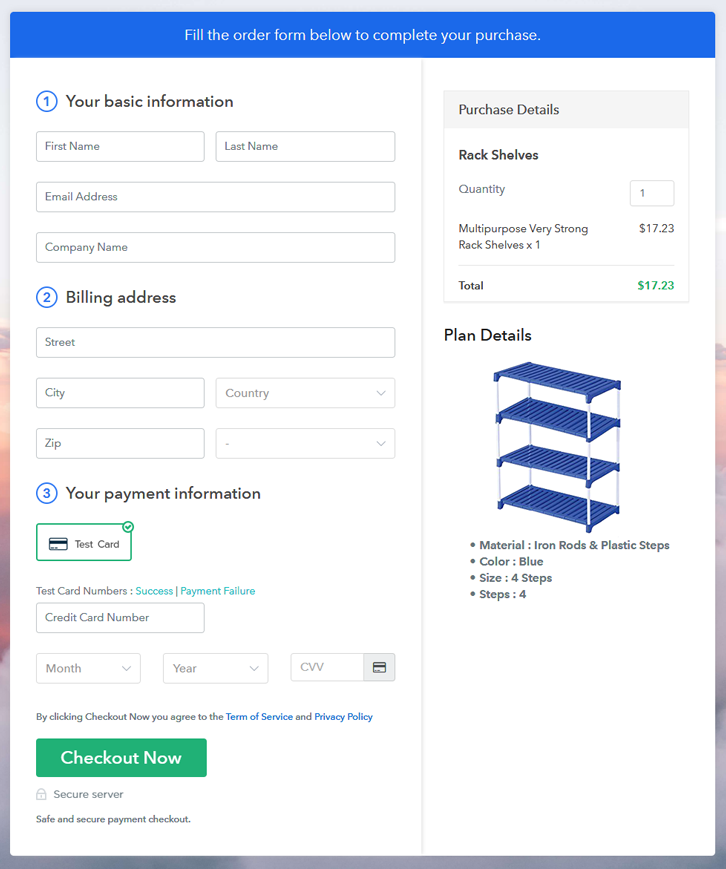 Checkout Page Preview to Sell Rack Shelves Online