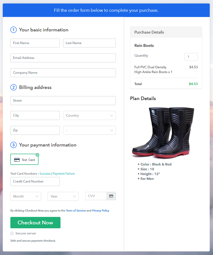 Checkout Page Preview to Sell Rain Boots Online