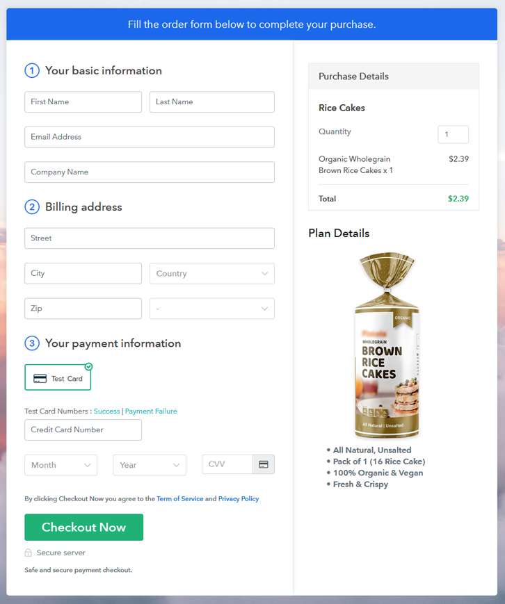 Checkout Page Preview to Sell Rice Cakes Online