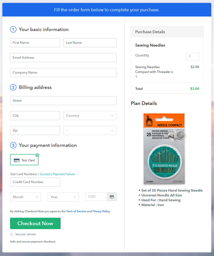 Checkout Page Preview to Sell Sewing Needles Online