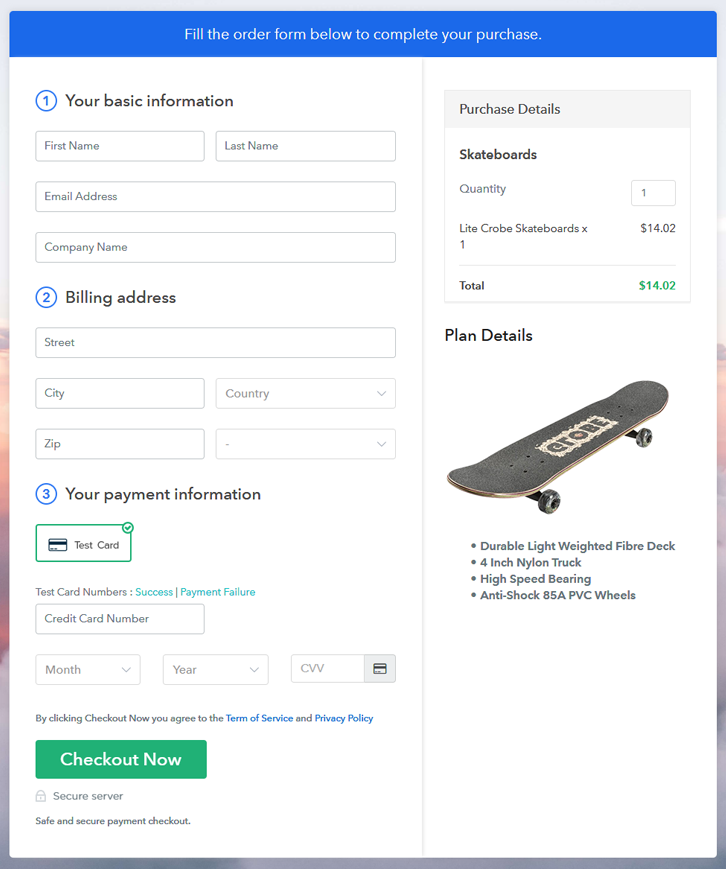 Checkout Page Preview to Sell Skateboards Online