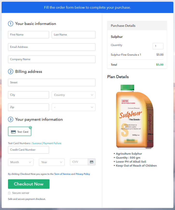Checkout Page Preview to Sell Sulphur Online