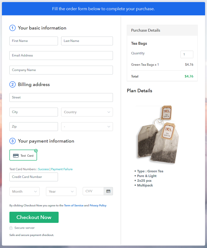 Checkout Page Preview to Sell Tea Bags Online