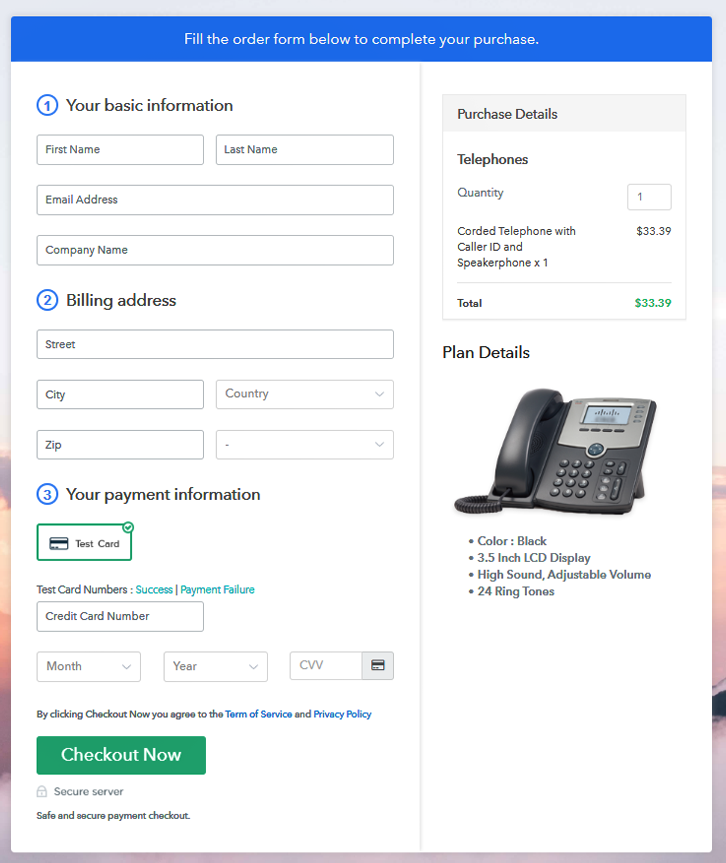 Checkout Page Preview to Sell Telephones Online