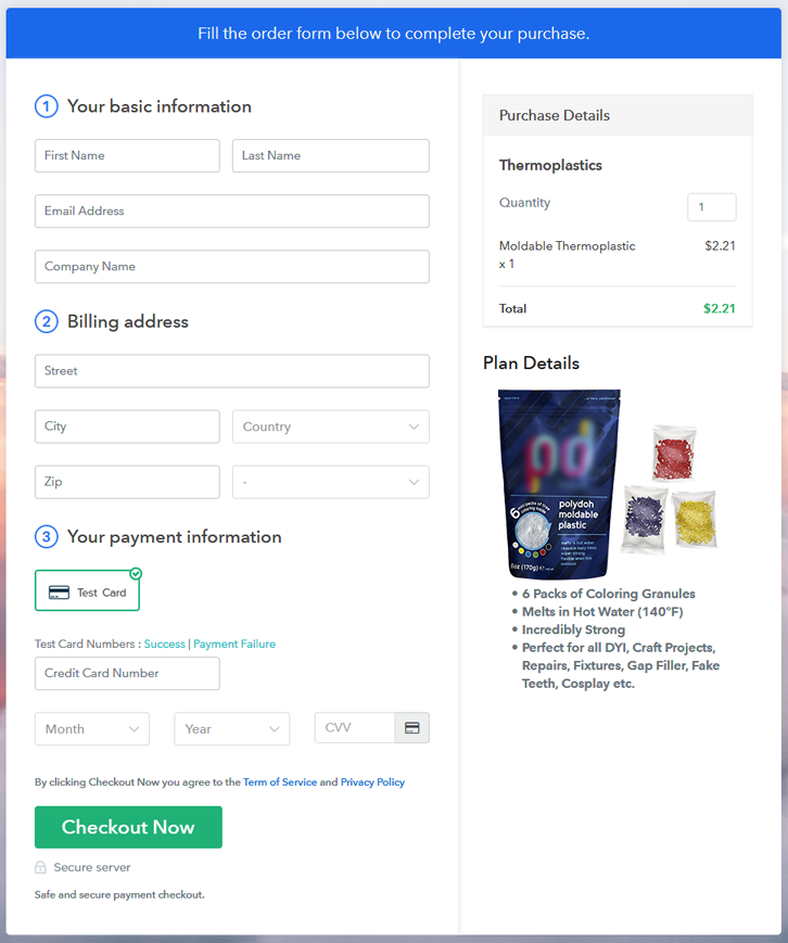 Checkout Page Preview to Sell Thermoplastics Online