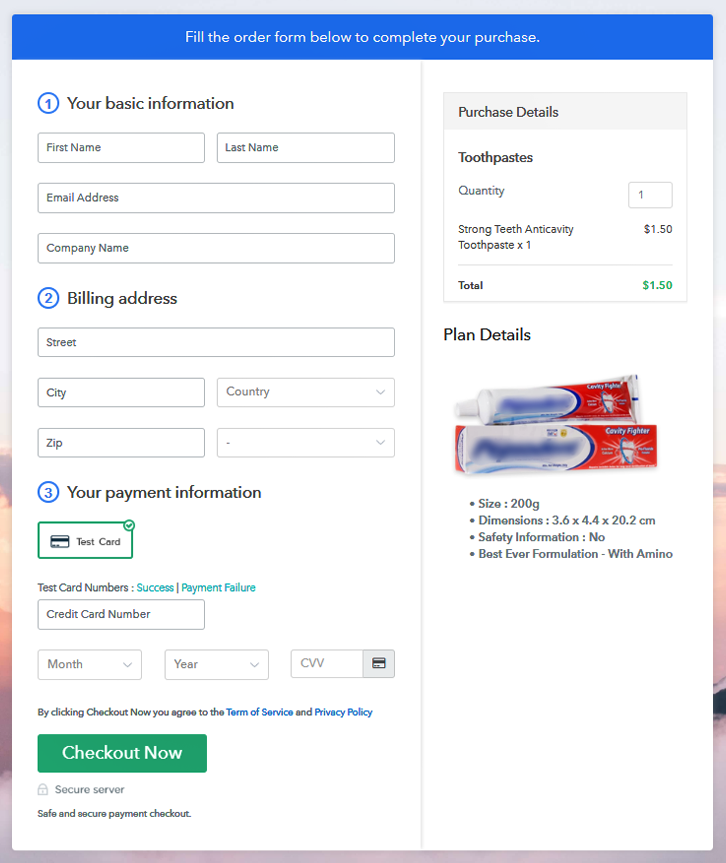 Checkout Page Preview to Sell Toothpastes Online