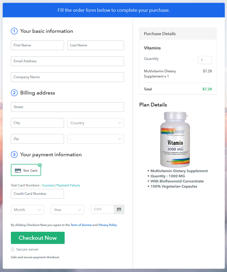Checkout Page Preview to Sell Vitamins Online