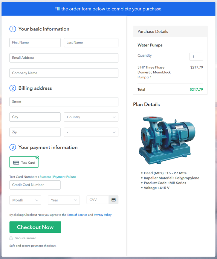 Checkout Page Preview to Sell Water Pumps Online