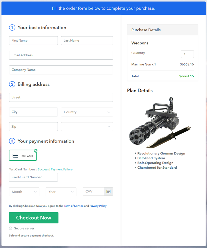 Checkout Page Preview to Sell Weapons Online