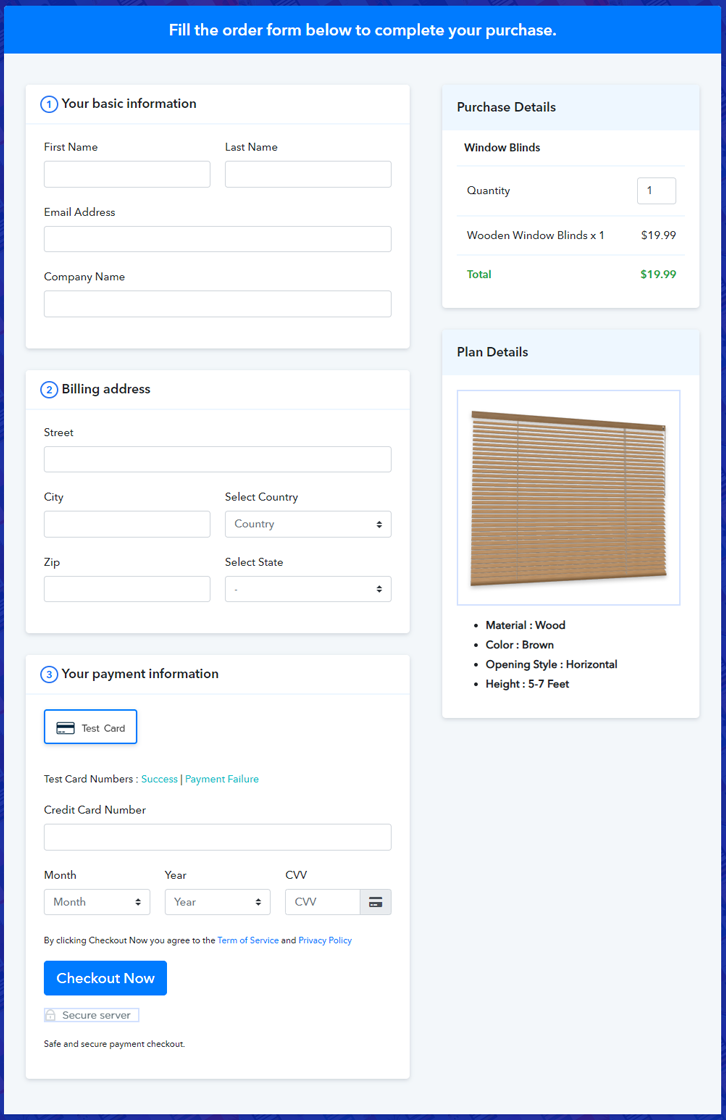 Checkout Page Preview to Sell Window Blinds Online