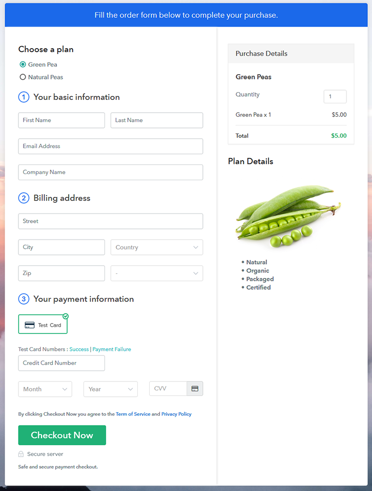 Multiplan Checkout Page to Sell Green Peas Online