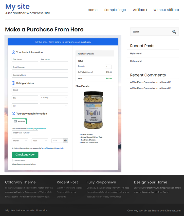 Final Look of your Checkout Page to Sell Tofus Online