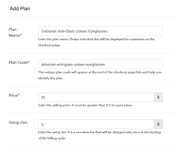 Specify the Plan and Pricing to Sell Eye Glasses Online