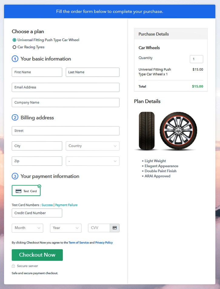 Multiplan Checkout Page to Sell Car Wheels Online