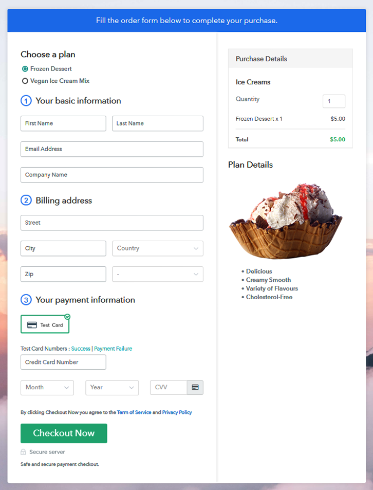 Multiplan Checkout Page to Sell Ice Creams Online
