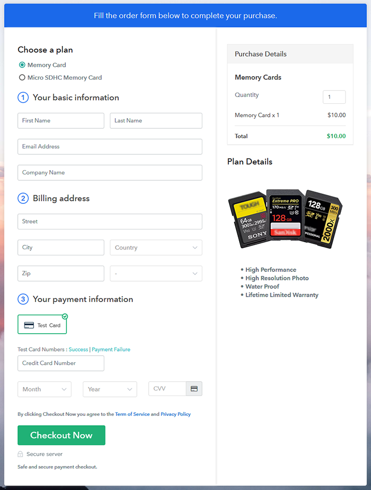 Multiplan Checkout Page to Sell Memory Cards Online