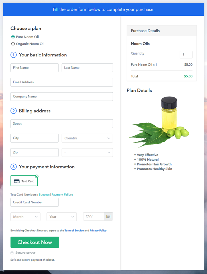 Multiplan Checkout Page to Sell Neem Oils Online
