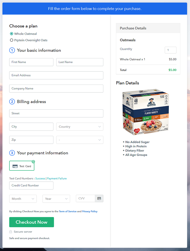 Multiplan Checkout Page to Sell Oatmeals Online