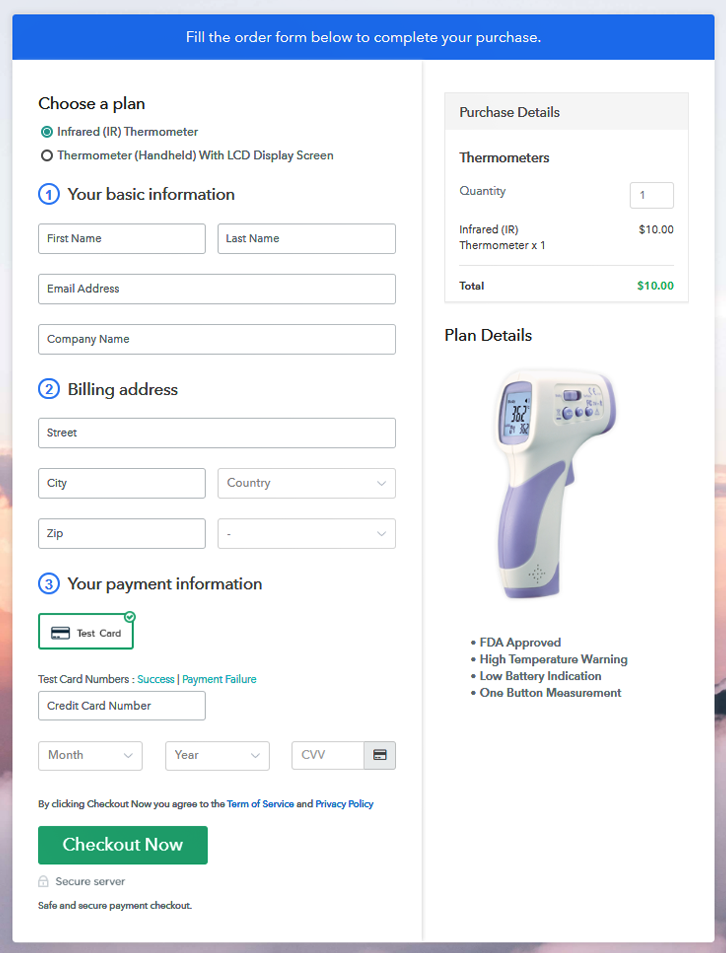 Multiplan Checkout Page to Sell Thermometers Online
