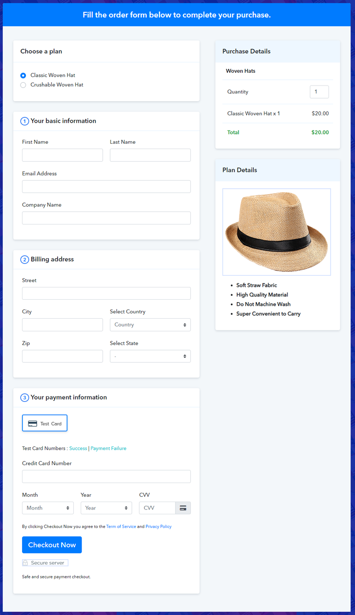 Multiplan Checkout Page to Sell Woven Hats Online
