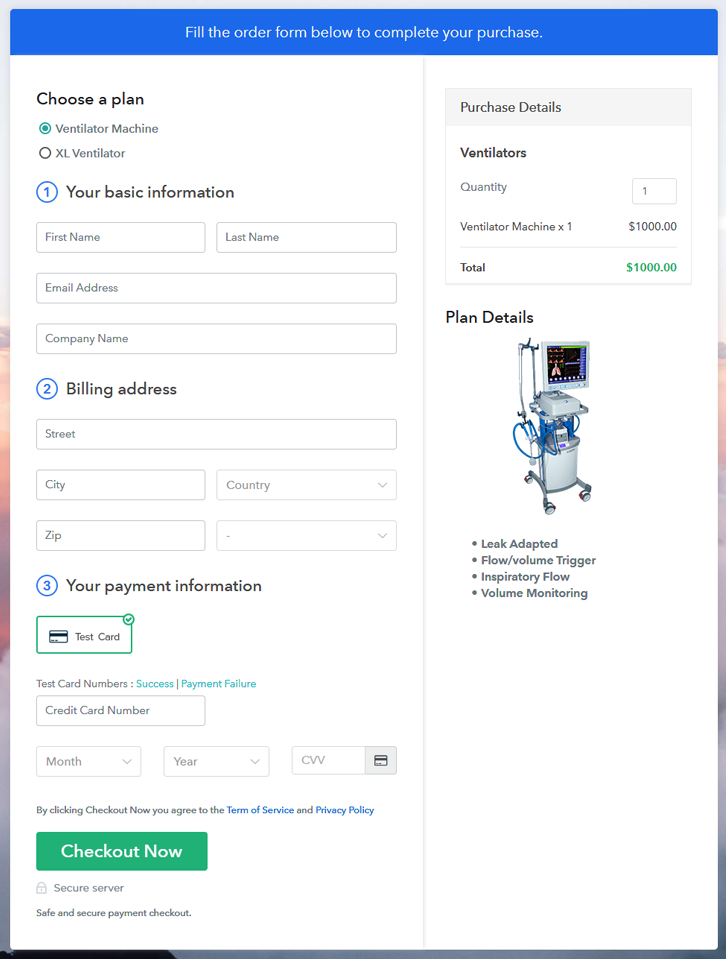 Multiplan Checkout Page to Sell Ventilators Online